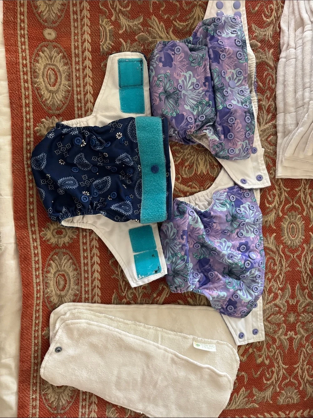 Lot of 3 Glow Bug cloth diapers with inserts - one size